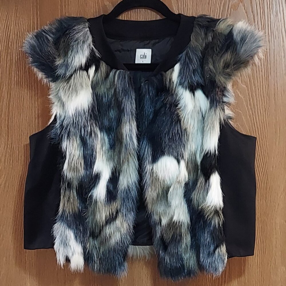 CAbi Faux Fur Vest in Black, White, Gray and Brown Tones